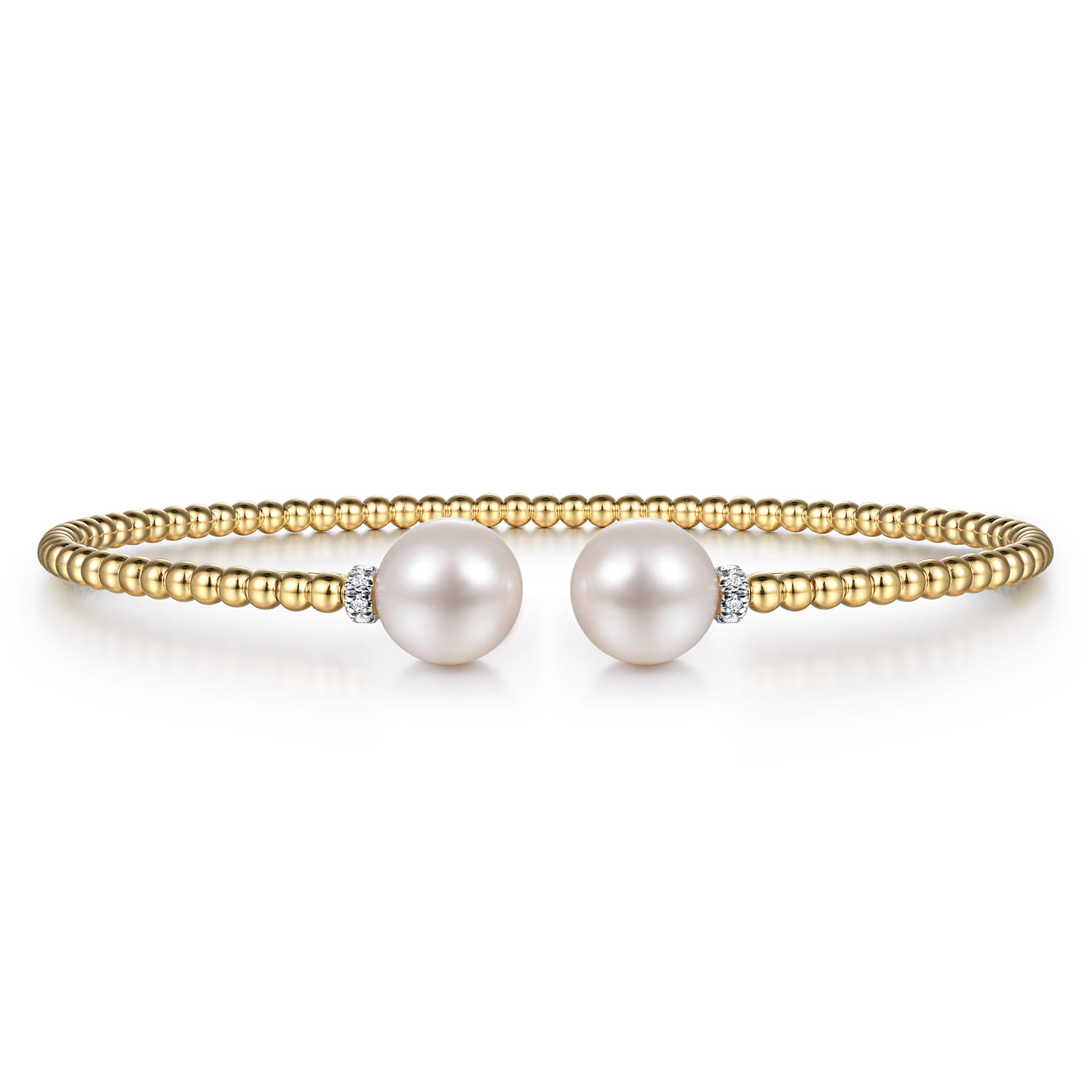 Beaded Open Bangle Bracelet 14K Yellow Gold Diamond and Pearl 0.05ct Bujukan - 0.05 ct - Shot 1