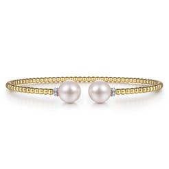 Beaded Open Bangle Bracelet 14K Yellow Gold Diamond and Pearl 0.05ct Bujukan