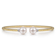 Beaded Open Bangle Bracelet 14K Yellow Gold Diamond and Pearl 0.05ct Bujukan