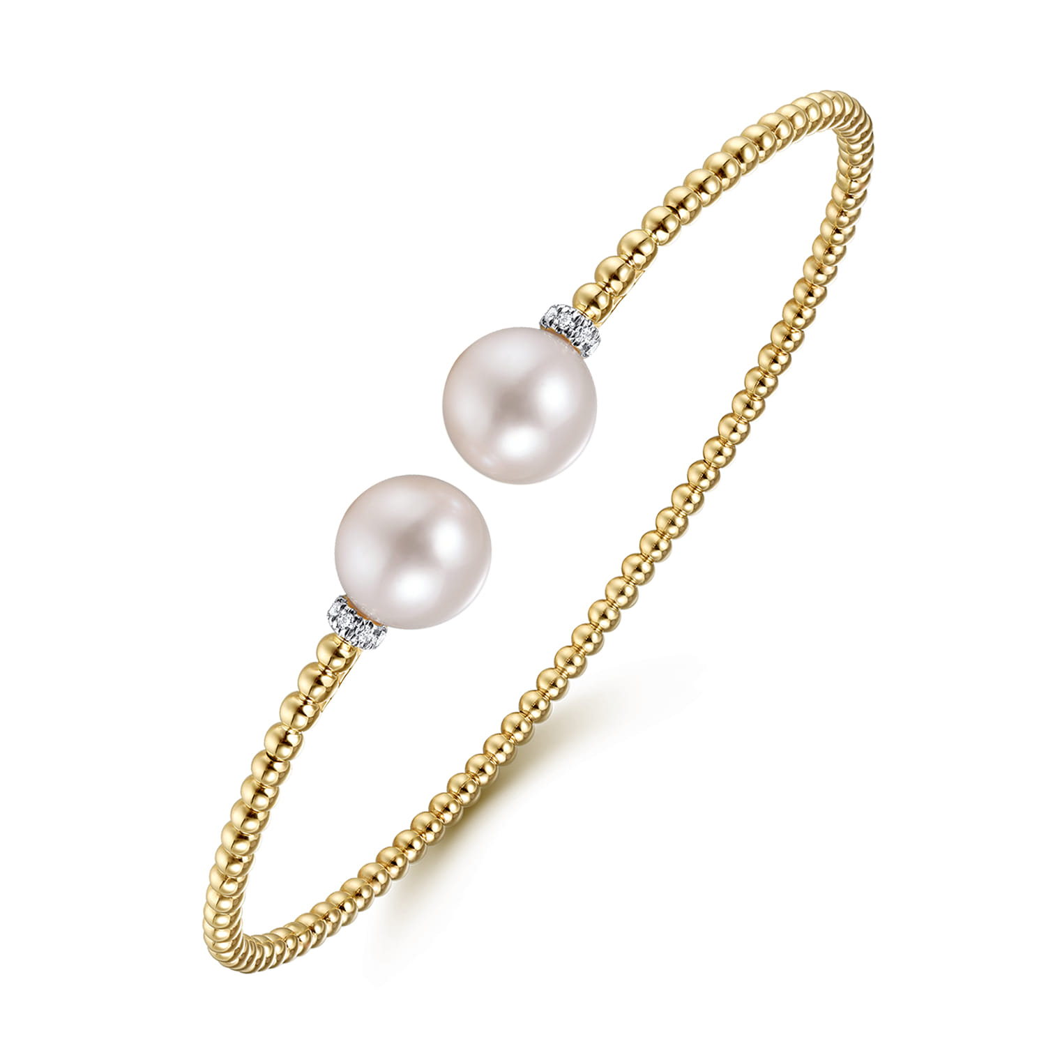 Beaded Open Bangle Bracelet 14K Yellow Gold Diamond and Pearl 0.05ct Bujukan - 0.05 ct - Shot 2