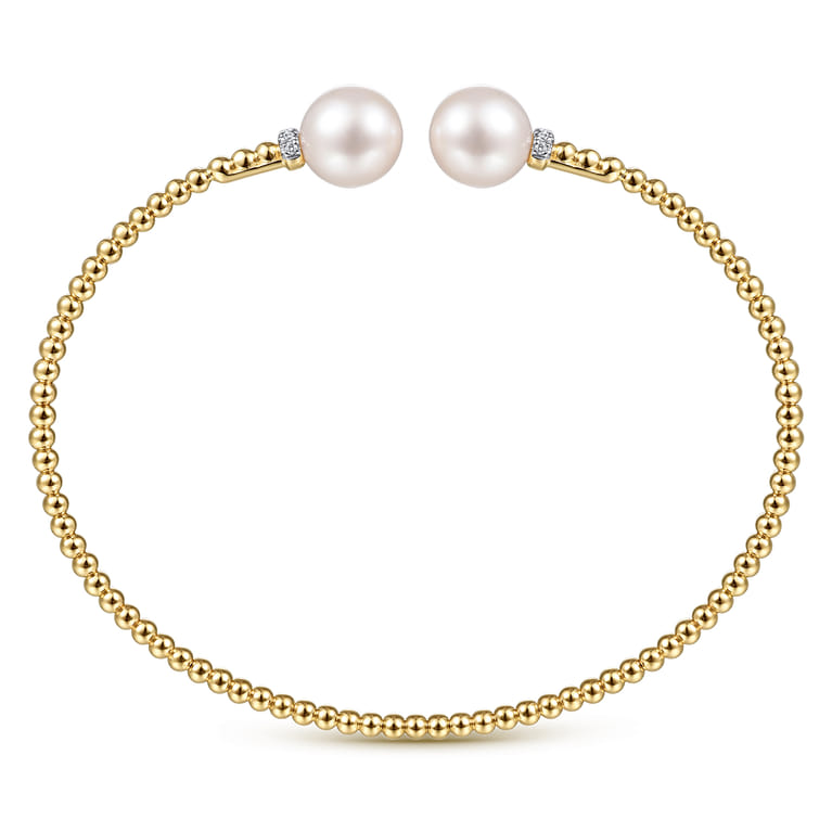 Beaded Open Bangle Bracelet 14K Yellow Gold Diamond and Pearl 0.05ct Bujukan - 0.05 ct - Shot 3