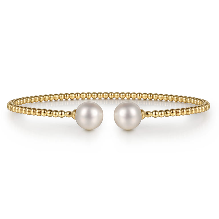 Beaded Open Bangle Bracelet 14K Yellow Gold Pearl Bujukan - Shot 1