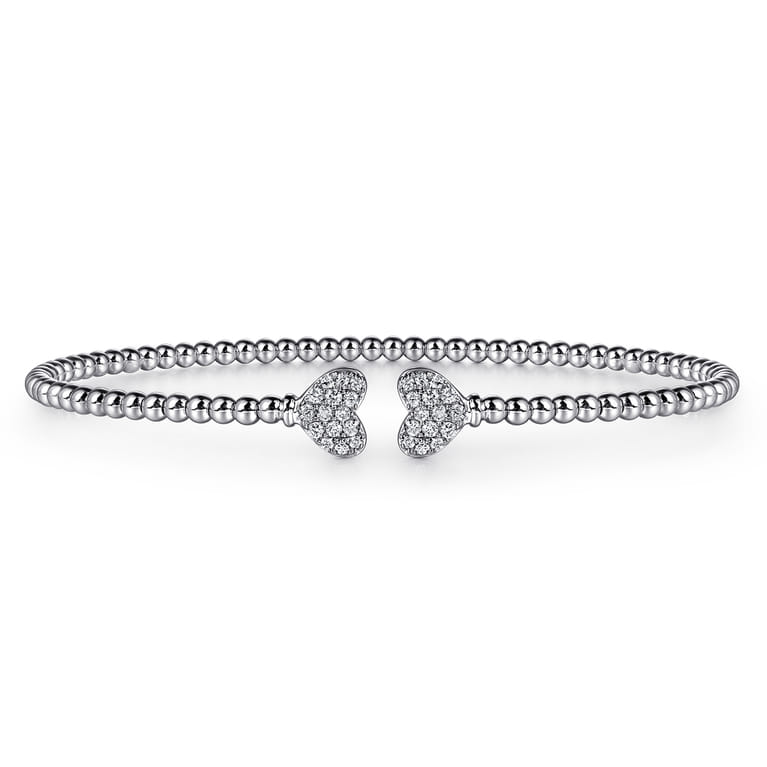 Beaded Open Bangle Bracelet Heart 14K White Gold Diamond 0.19ct Bujukan - 0.19 ct - Shot 1