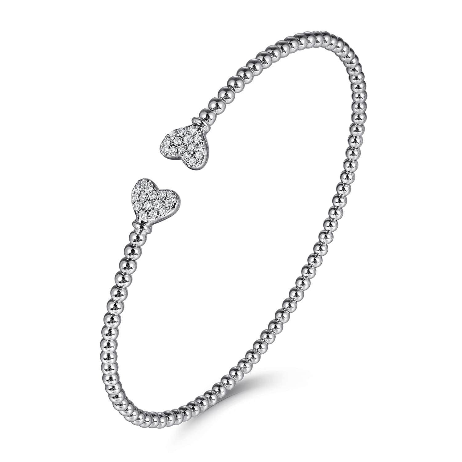 Beaded Open Bangle Bracelet Heart 14K White Gold Diamond 0.19ct Bujukan - 0.19 ct - Shot 2