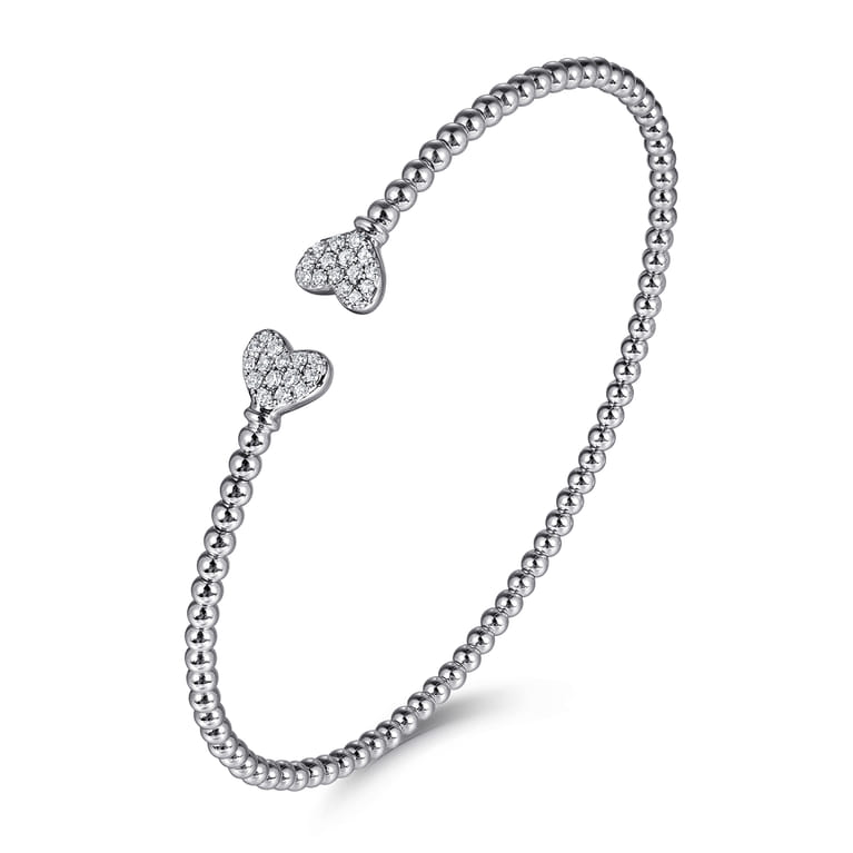 Beaded Open Bangle Bracelet Heart 14K White Gold Diamond 0.19ct Bujukan - 0.19 ct - Shot 2