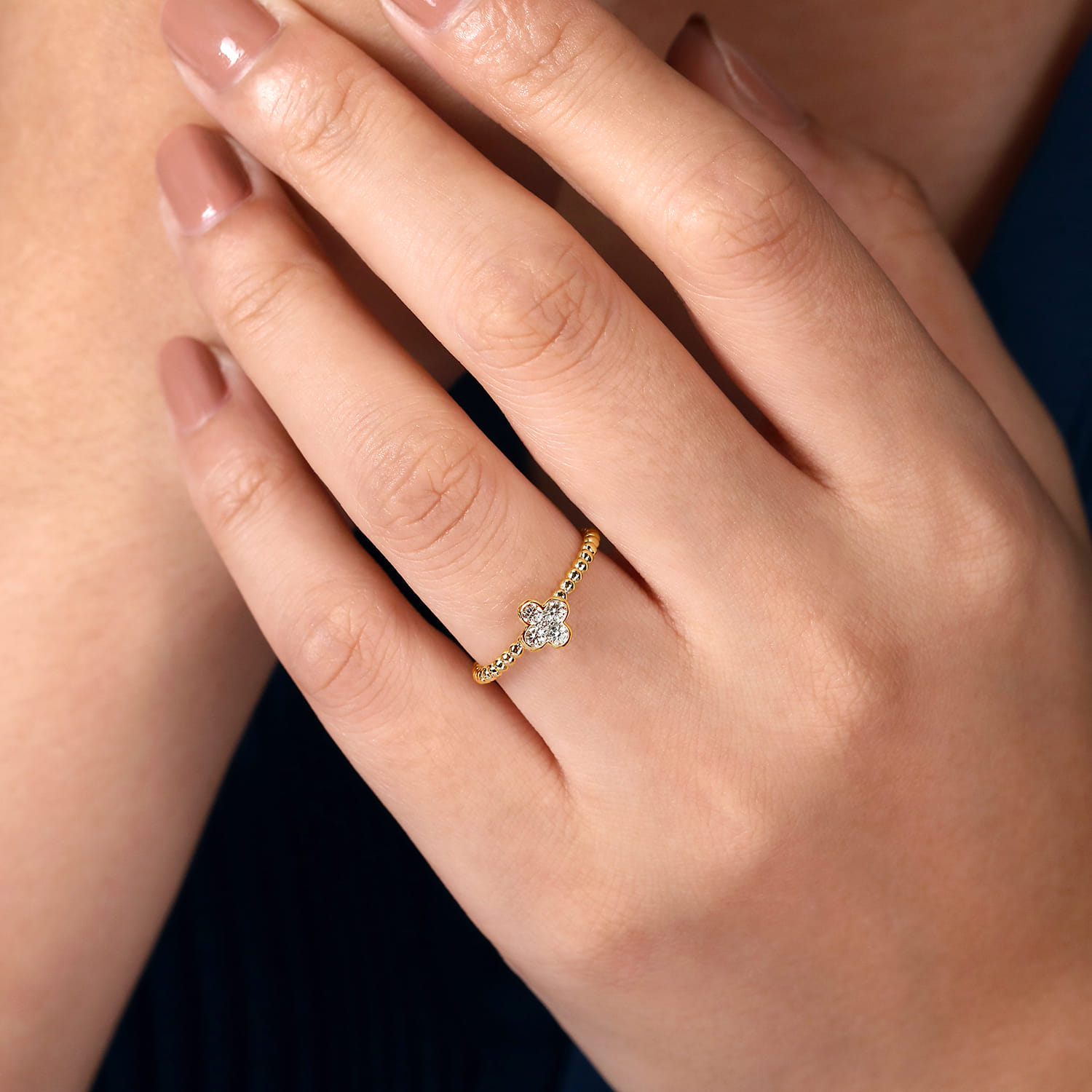 Beaded Stackable Single Ring 14K Yellow Gold Diamond 0.2ct Bujukan - 0.2 ct - Shot 5