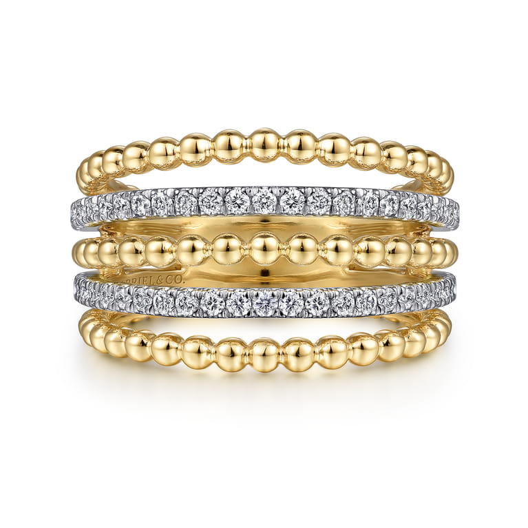 Beaded Wide Band Easy-Stack Ring 14K Yellow Gold Diamond 0.4ct Bujukan - 0.4 ct - Shot 1
