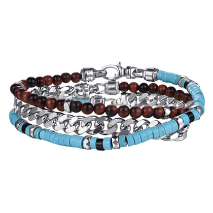 Beaded Wrap Bracelet and Necklace 925 Sterling Silver Turquoise Onyx and Tiger Eye