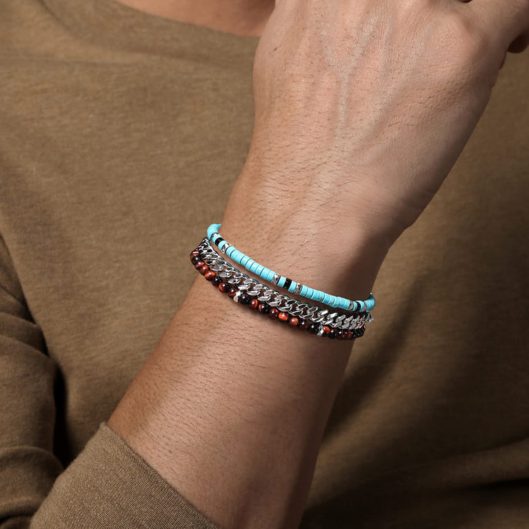Beaded Wrap Bracelet and Necklace 925 Sterling Silver Turquoise Onyx and Tiger Eye - Shot 3