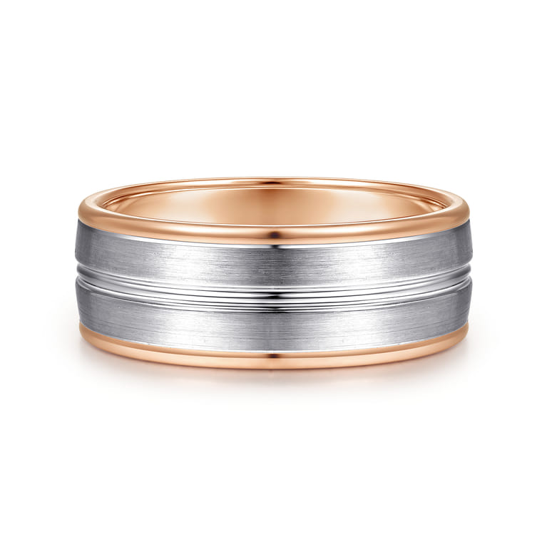 Beaux - 14K White-Rose Gold 8mm - Two Tone Men's Wedding Band in Satin Finish - Shot 1