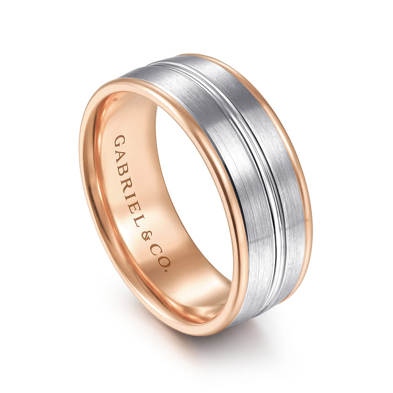 Beaux - 14K White-Rose Gold 8mm - Two Tone Men's Wedding Band in Satin Finish - Shot 3
