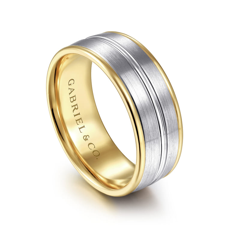 Beaux - 14K White-Yellow Gold 8mm - Two Tone Men's Wedding Band in Satin Finish - Shot 3