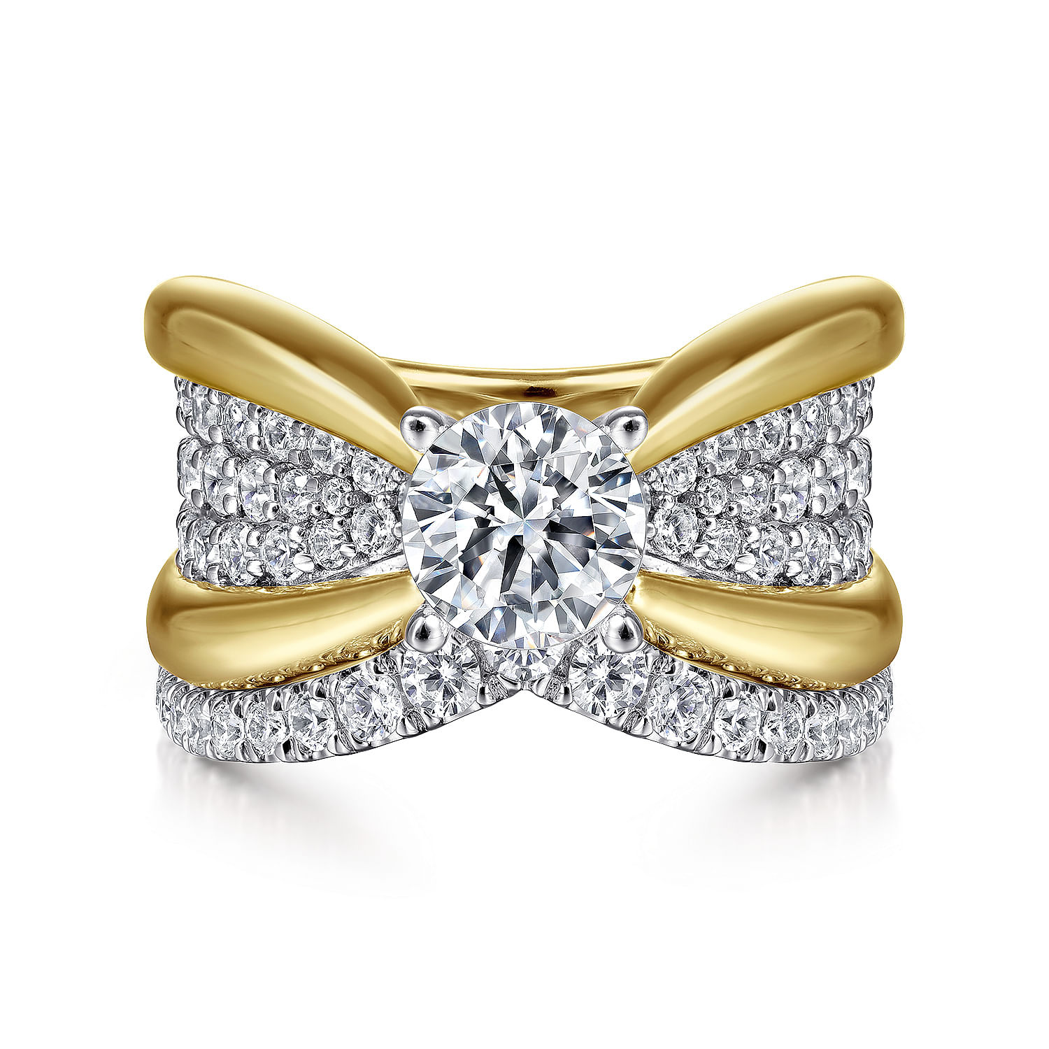 Bebe - 14K White-Yellow Gold Wide Band Round Diamond Engagement Ring