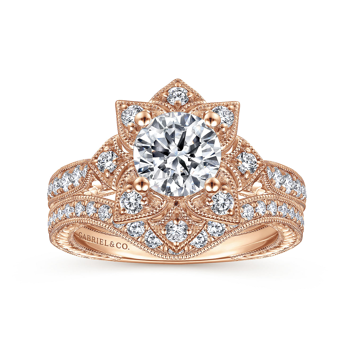 Bellamy - Unique 14K Rose Gold Round Halo Diamond Engagement Ring - 0.38 ct - Shot 4