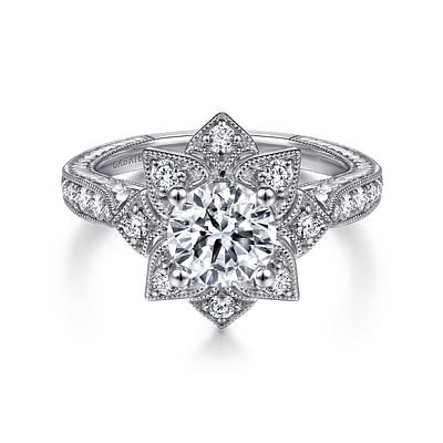 Bellamy - Unique 14K White Gold Round Halo Diamond Engagement Ring