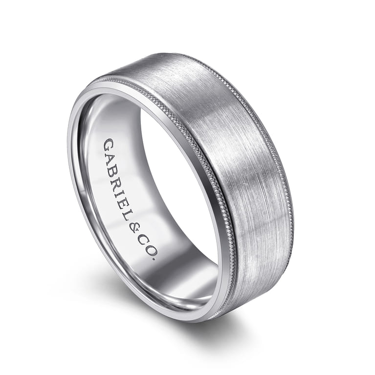 Benjamin - 14K White Gold 8mm - Beveled Edge Men's Wedding Band in Satin Finish - Shot 3