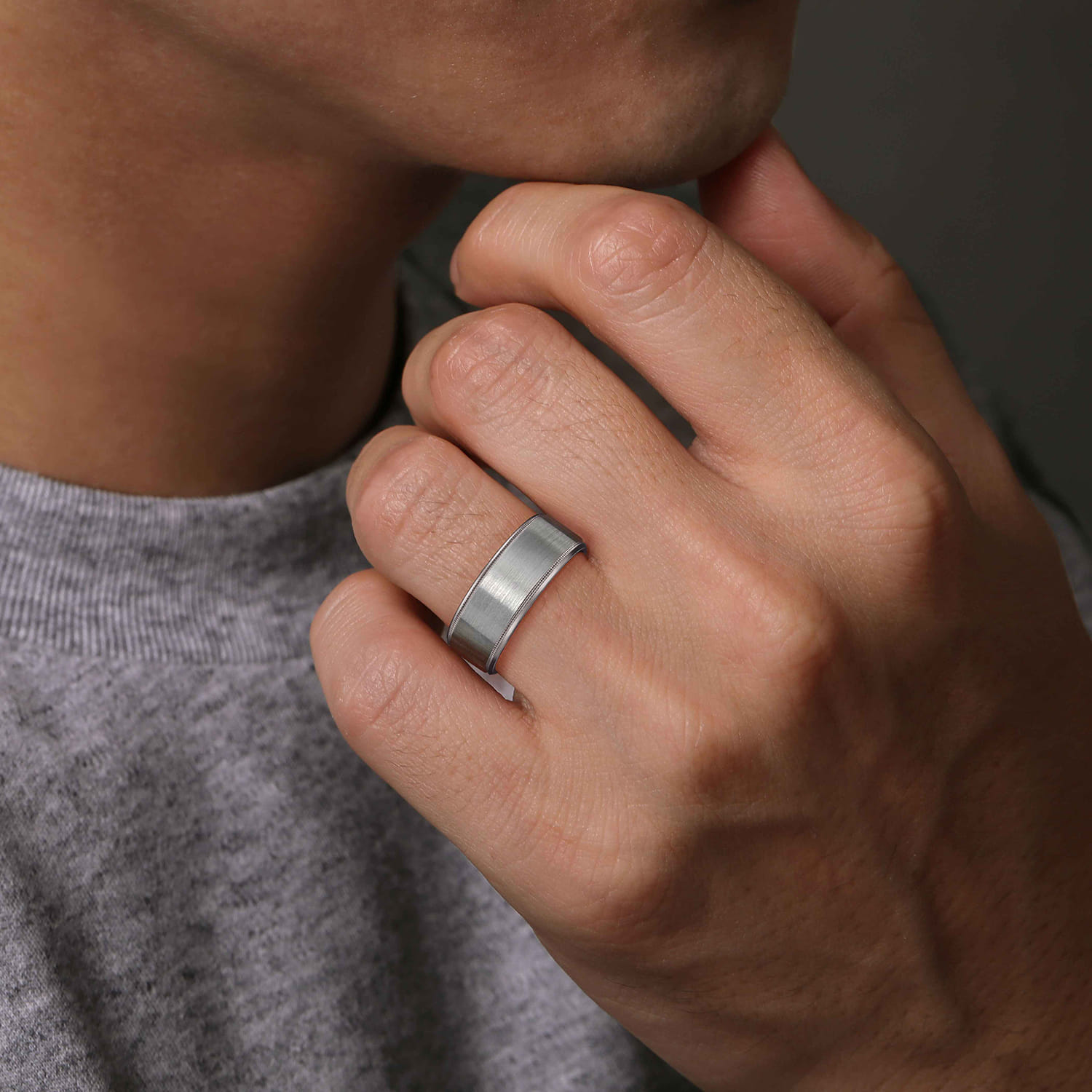 Benjamin - 14K White Gold 8mm - Beveled Edge Men's Wedding Band in Satin Finish - Shot 5