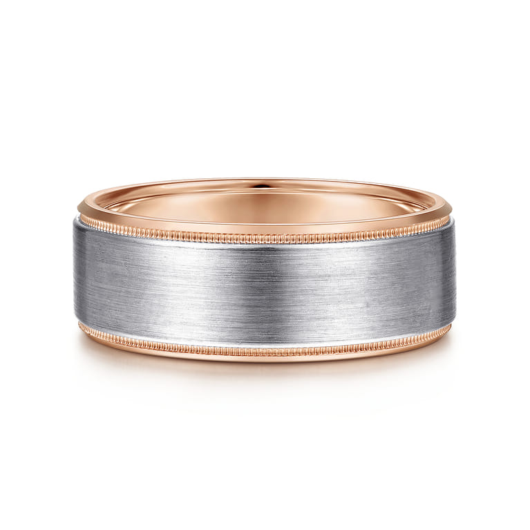 Benjamin - 14K White-Rose Gold 8mm - Two Tone Beveled Edge Men's Wedding Band in Satin Finish - Shot 1