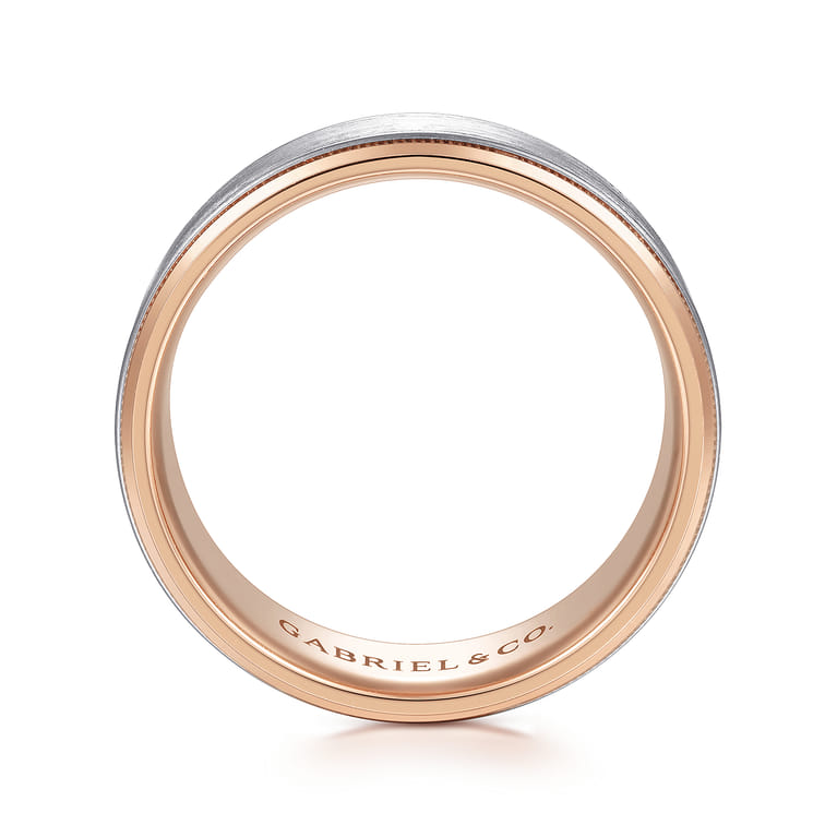 Benjamin - 14K White-Rose Gold 8mm - Two Tone Beveled Edge Men's Wedding Band in Satin Finish - Shot 2