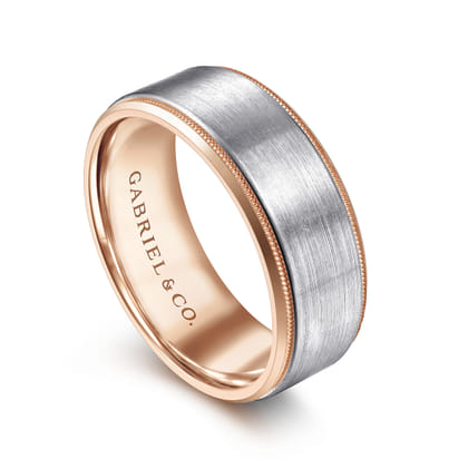 Benjamin - 14K White-Rose Gold 8mm - Two Tone Beveled Edge Men's Wedding Band in Satin Finish