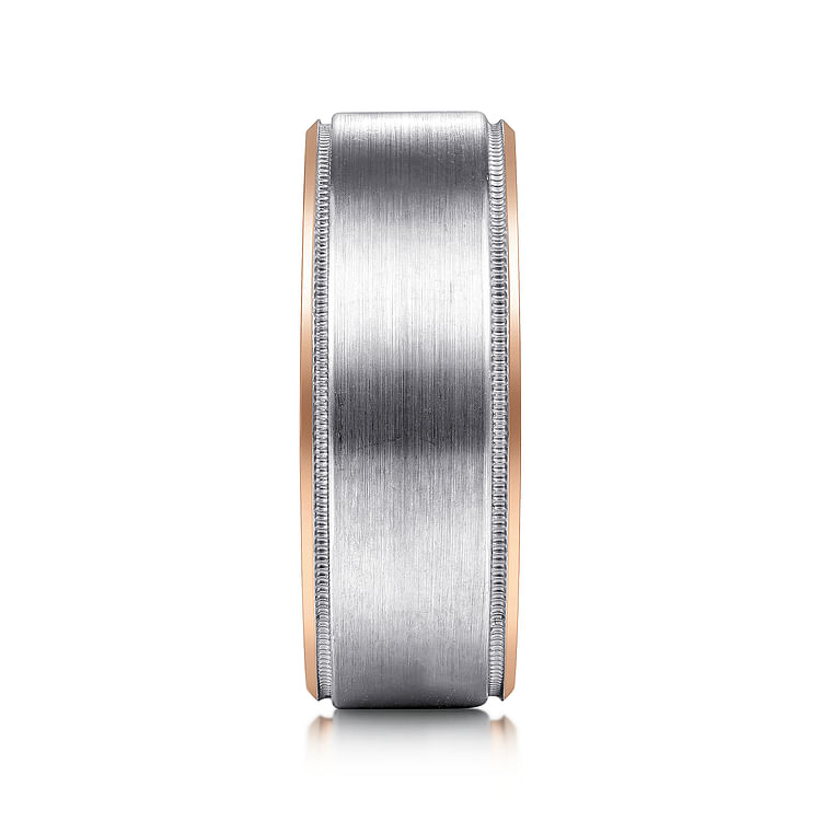 Benjamin - 14K White-Rose Gold 8mm - Two Tone Beveled Edge Men's Wedding Band in Satin Finish