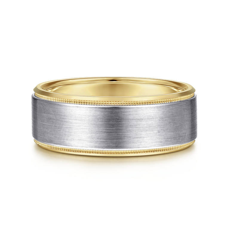 Benjamin - 14K White-Yellow Gold 8mm - Two Tone Beveled Edge Men's Wedding Band in Satin Finish - Shot 1