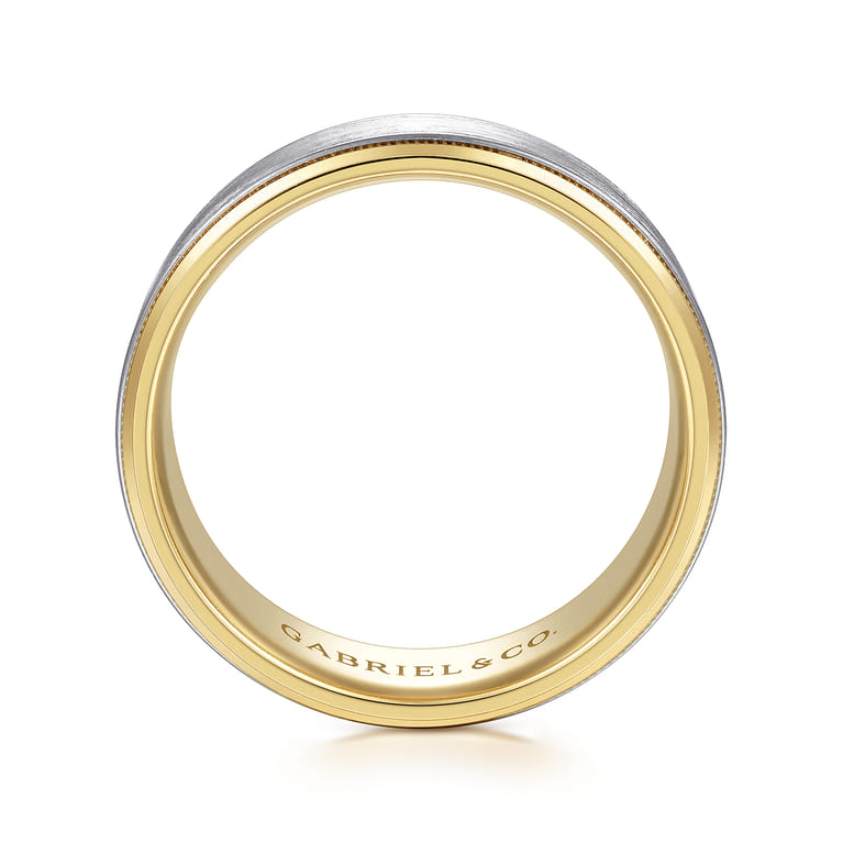 Benjamin - 14K White-Yellow Gold 8mm - Two Tone Beveled Edge Men's Wedding Band in Satin Finish - Shot 2