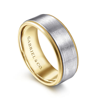 Benjamin - 14K White-Yellow Gold 8mm - Two Tone Beveled Edge Men's Wedding Band in Satin Finish