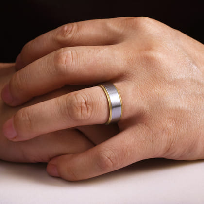 Benjamin - 14K White-Yellow Gold 8mm - Two Tone Beveled Edge Men's Wedding Band in Satin Finish