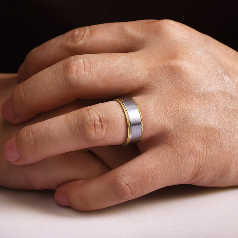 Benjamin - 14K White-Yellow Gold 8mm - Two Tone Beveled Edge Men's Wedding Band in Satin Finish - Shot 5