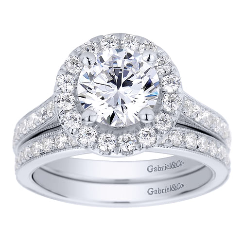 Bernadette - Vintage Inspired 14K White Gold Round Halo Diamond Engagement Ring - 0.63 ct - Shot 4
