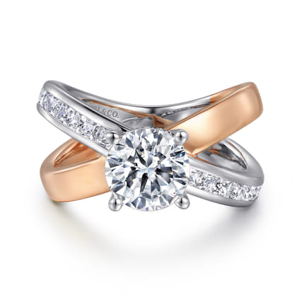 Betty - 14K White-Rose Gold Round Split Shank Hidden Halo Diamond Engagement Ring