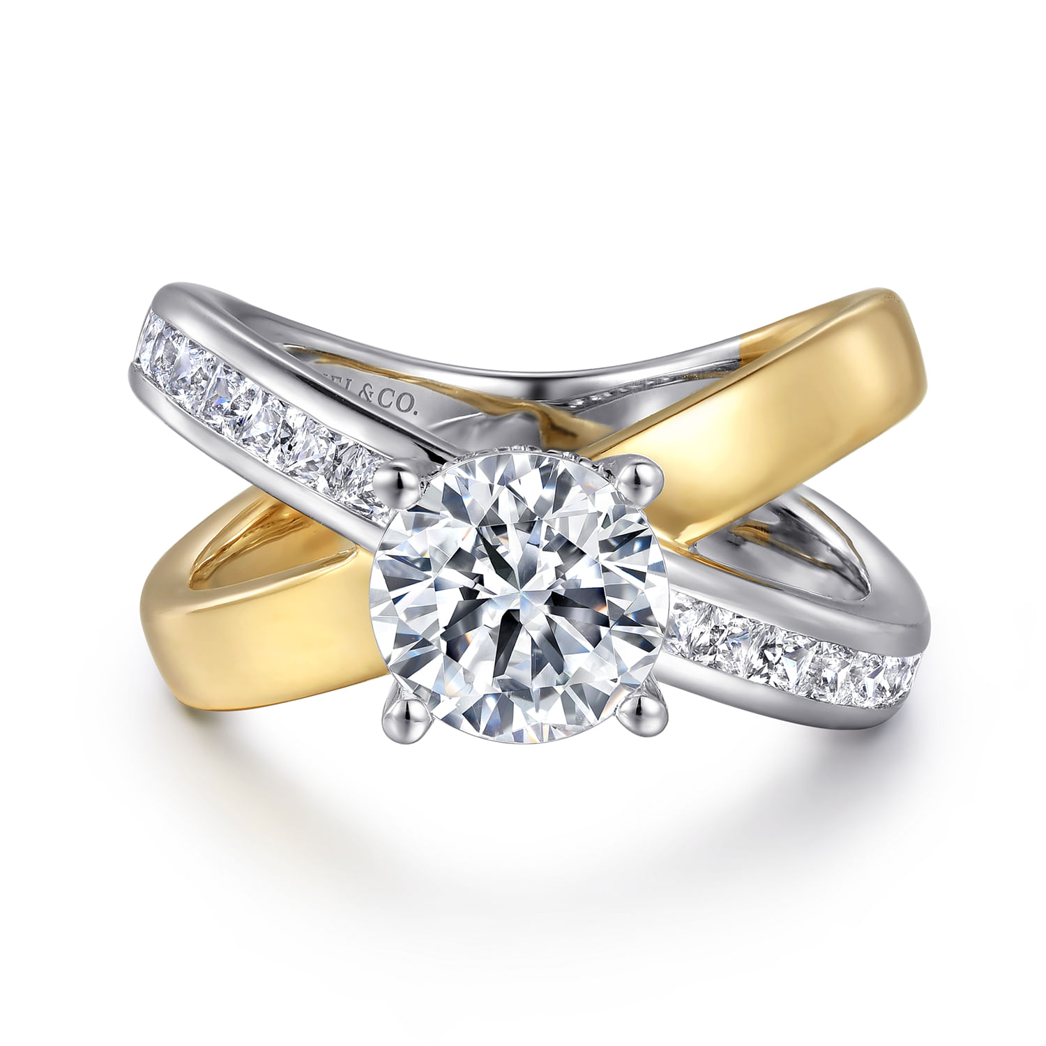 Betty - 14K White-Yellow Gold Round Split Shank Hidden Halo Diamond Engagement Ring