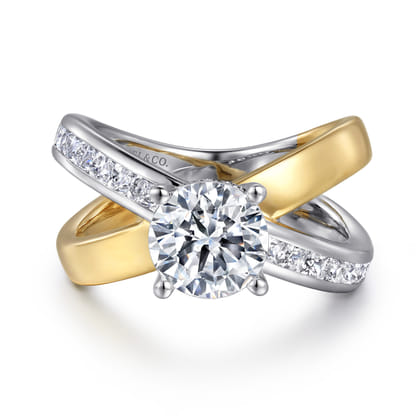 Betty - 14K White-Yellow Gold Round Split Shank Hidden Halo Diamond Engagement Ring