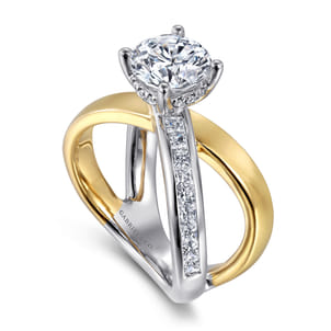 Betty - 14K White-Yellow Gold Round Split Shank Hidden Halo Diamond Engagement Ring