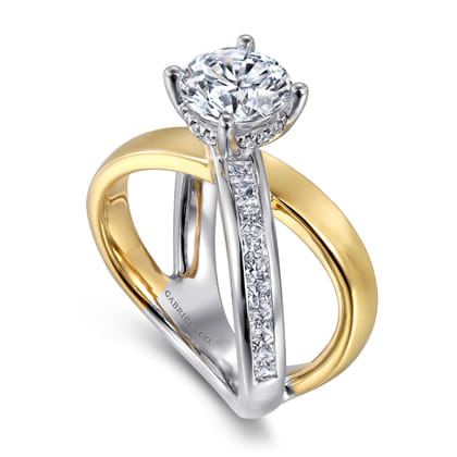 Betty - 14K White-Yellow Gold Round Split Shank Hidden Halo Diamond Engagement Ring