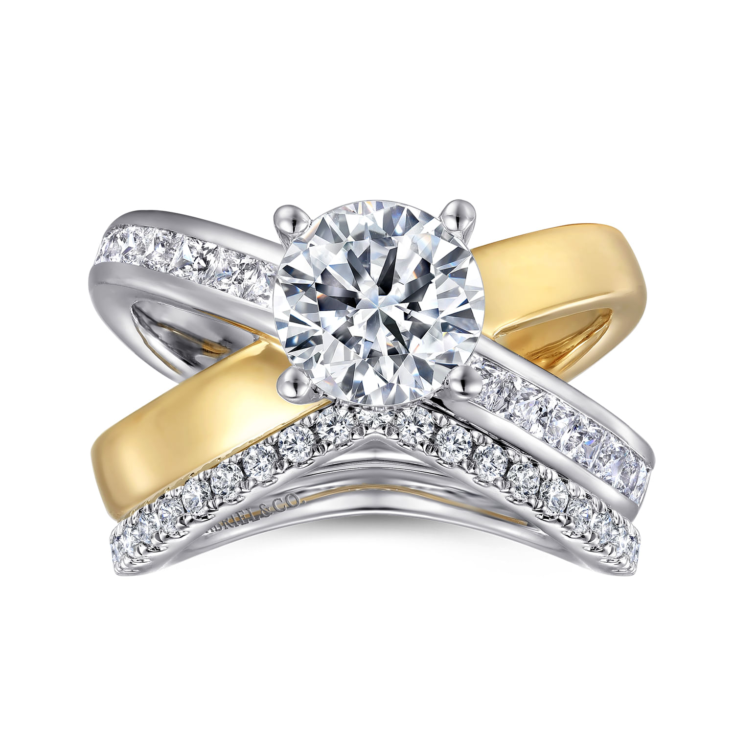 Betty - 14K White-Yellow Gold Round Split Shank Hidden Halo Diamond Engagement Ring