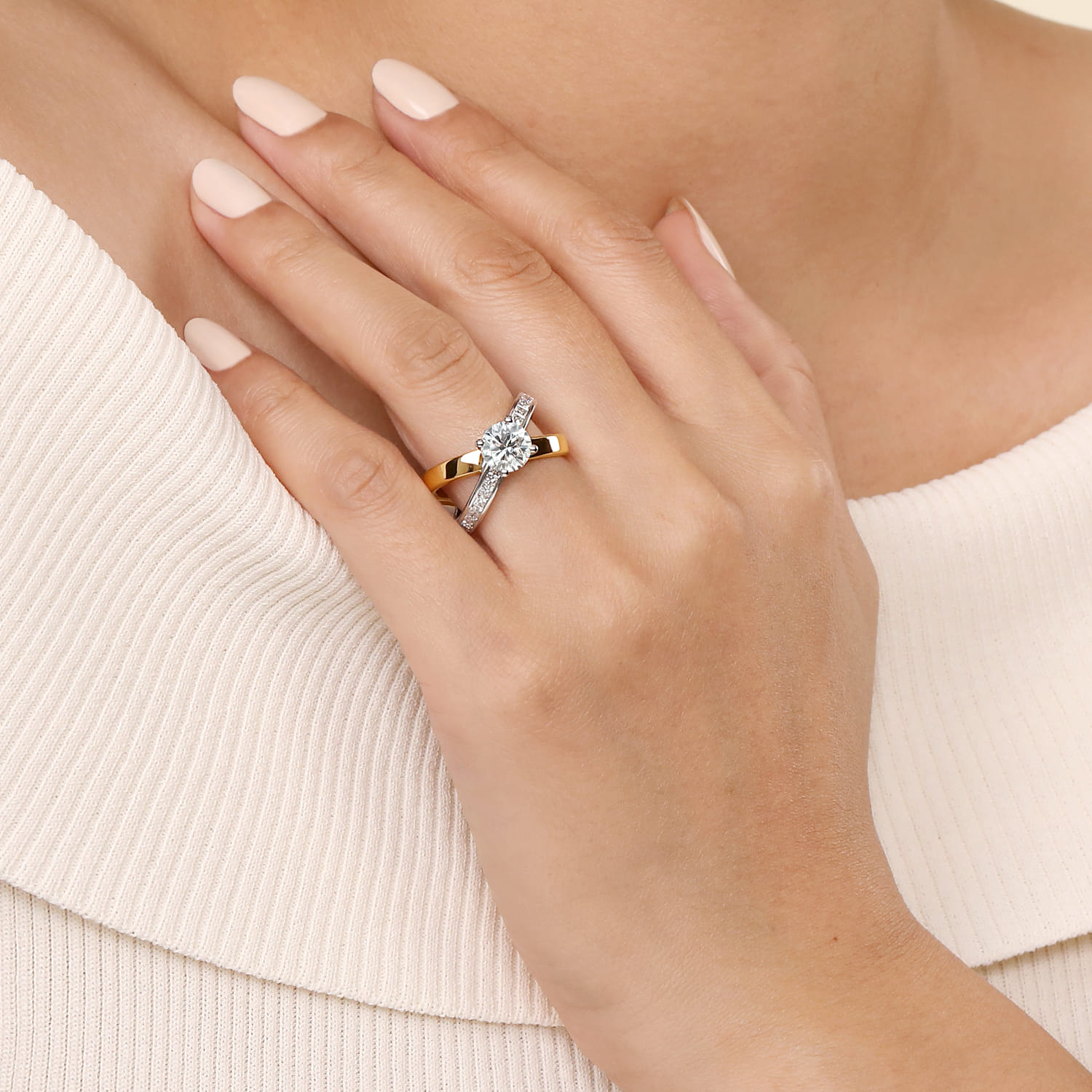 Betty - 14K White-Yellow Gold Round Split Shank Hidden Halo Diamond Engagement Ring