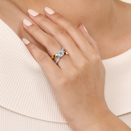 Betty - 14K White-Yellow Gold Round Split Shank Hidden Halo Diamond Engagement Ring