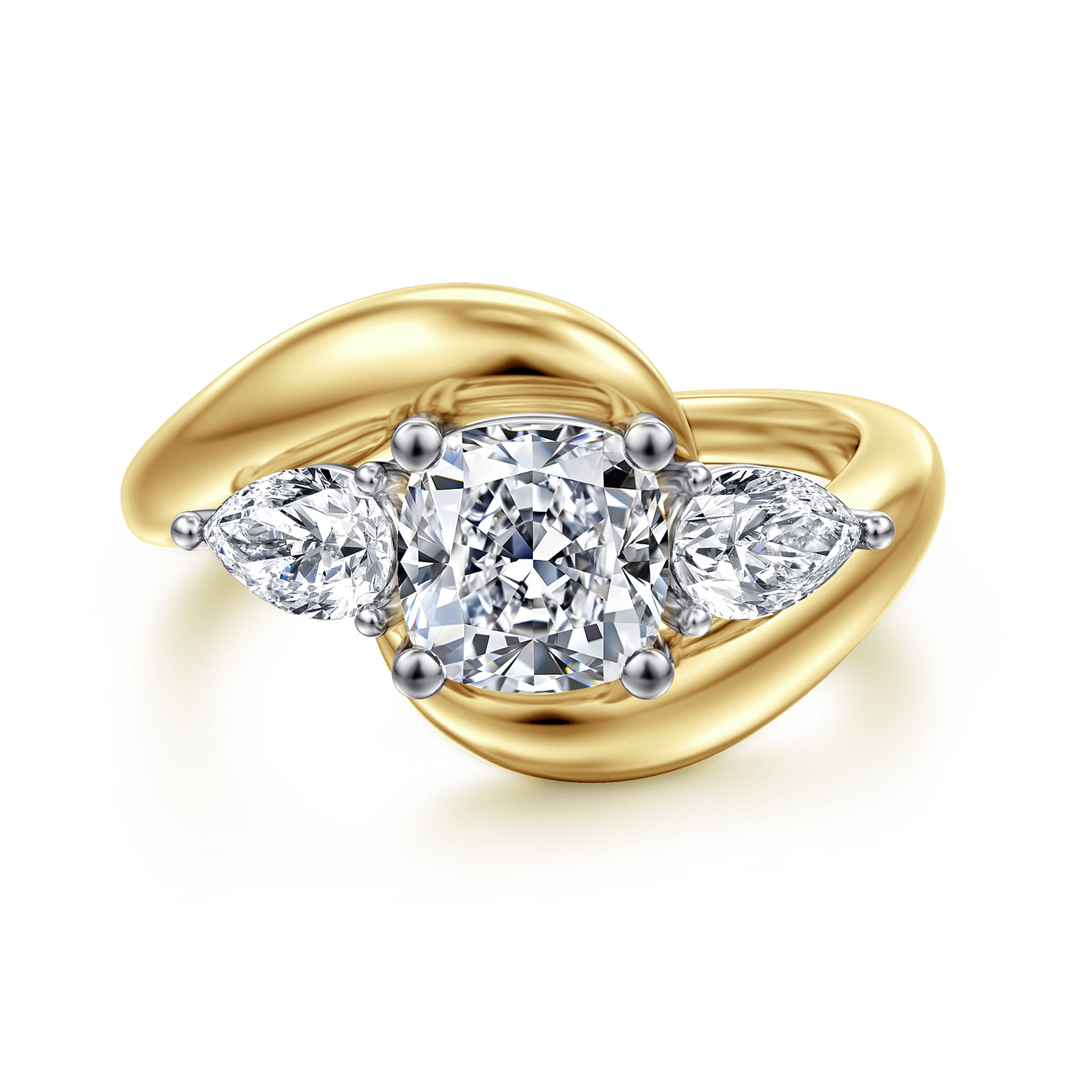 Beyond - 14K White-Yellow Gold Bypass Cushion Cut Three Stone Diamond Engagement Ring