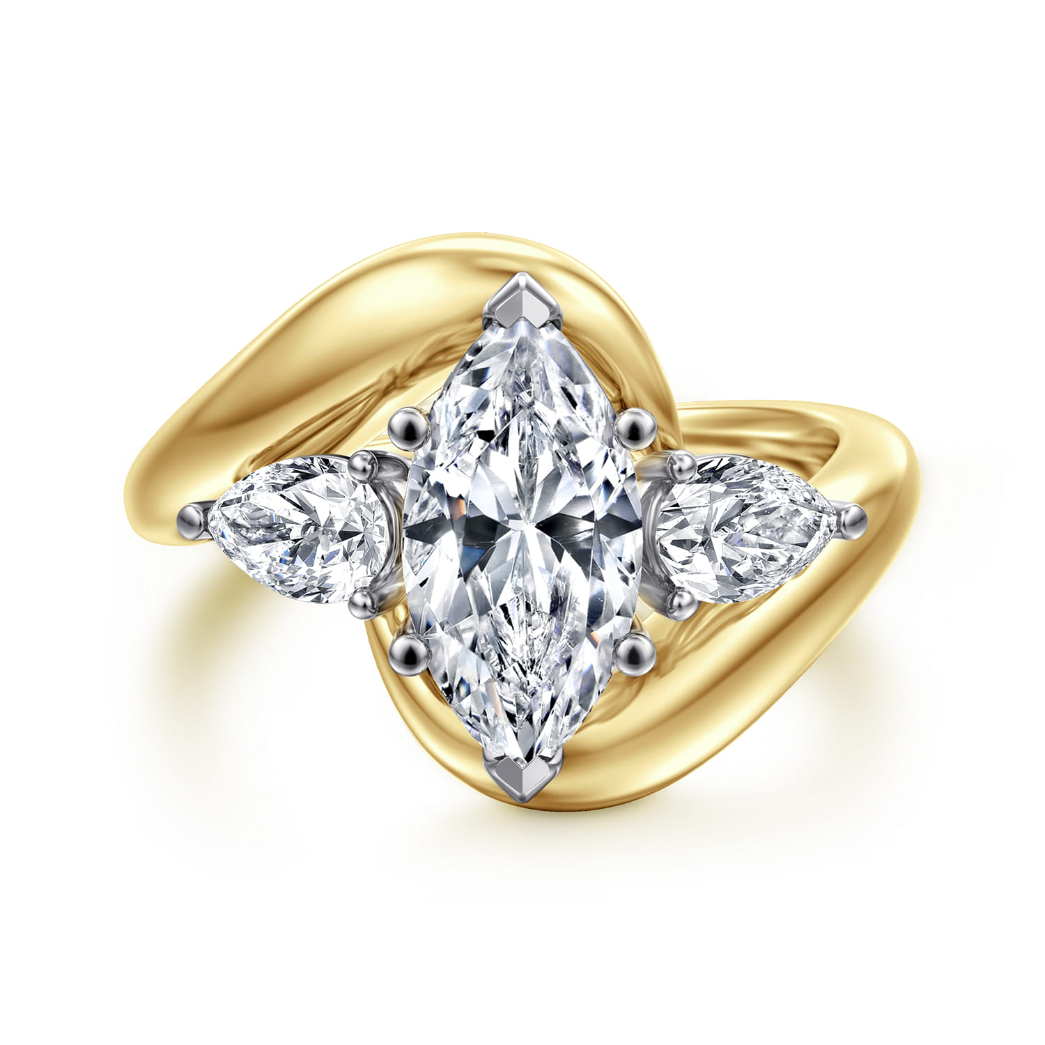 Beyond - 14K White-Yellow Gold Bypass Marquise Shape Three Stone Diamond Engagement Ring