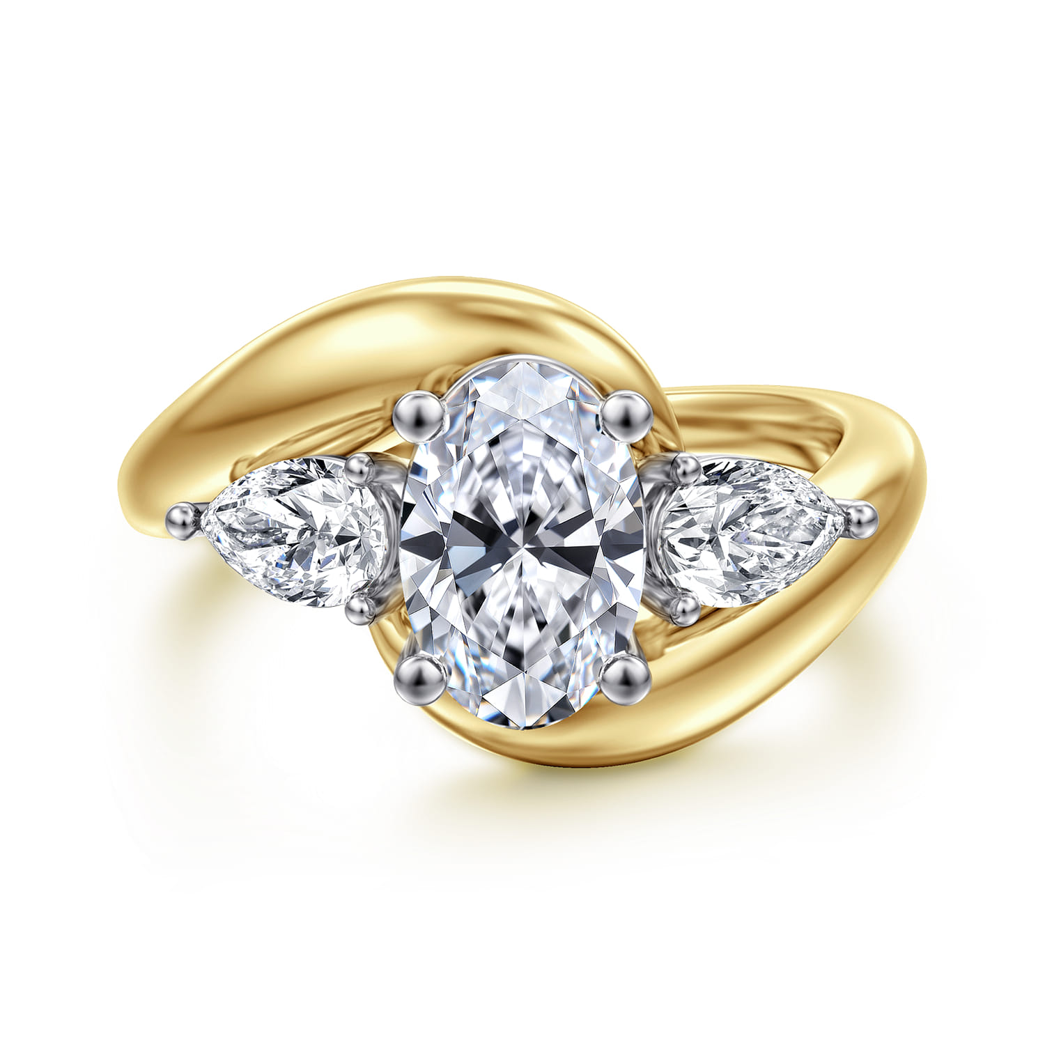 Beyond - 14K White-Yellow Gold Bypass Oval Three Stone Diamond Engagement Ring