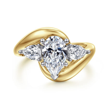 Beyond - 14K White-Yellow Gold Bypass Pear Shape Three Stone Diamond Engagement Ring