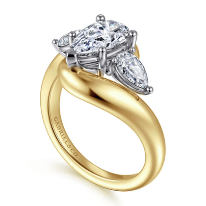 Beyond - 14K White-Yellow Gold Bypass Pear Shape Three Stone Diamond Engagement Ring