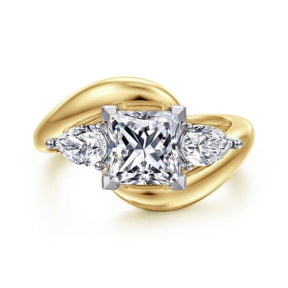Beyond - 14K White-Yellow Gold Bypass Princess Cut Three Stone Diamond Engagement Ring