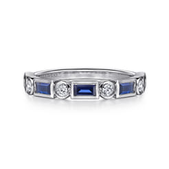 Billie - 14K White Gold Bezel Set Baguette Sapphire and Round Diamond Anniversary Band