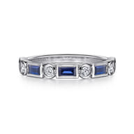 Billie - 14K White Gold Bezel Set Baguette Sapphire and Round Diamond Anniversary Band