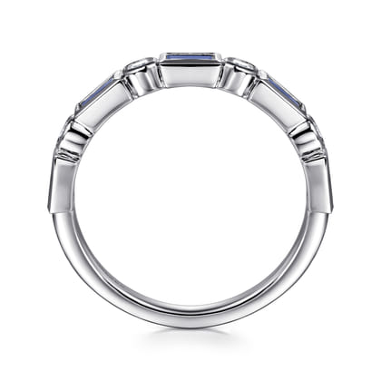 Billie - 14K White Gold Bezel Set Baguette Sapphire and Round Diamond Anniversary Band