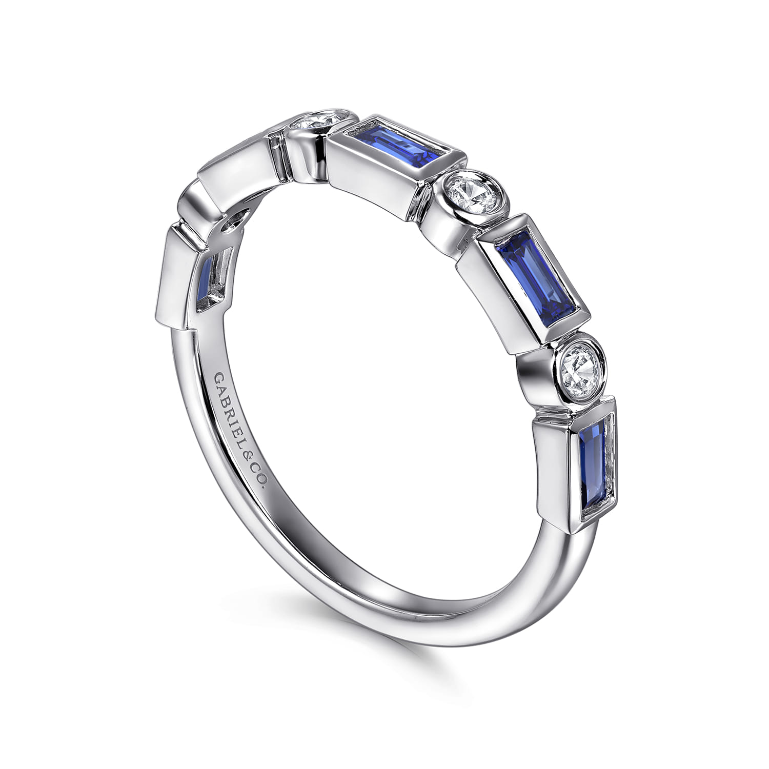 Billie - 14K White Gold Bezel Set Baguette Sapphire and Round Diamond Anniversary Band