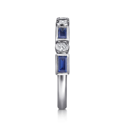 Billie - 14K White Gold Bezel Set Baguette Sapphire and Round Diamond Anniversary Band